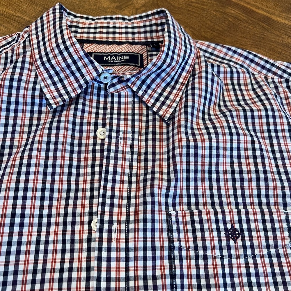 MAINE NEW ENGLAND Mens Long Sleeve Button Down Shirt Red White Blue Gingham M